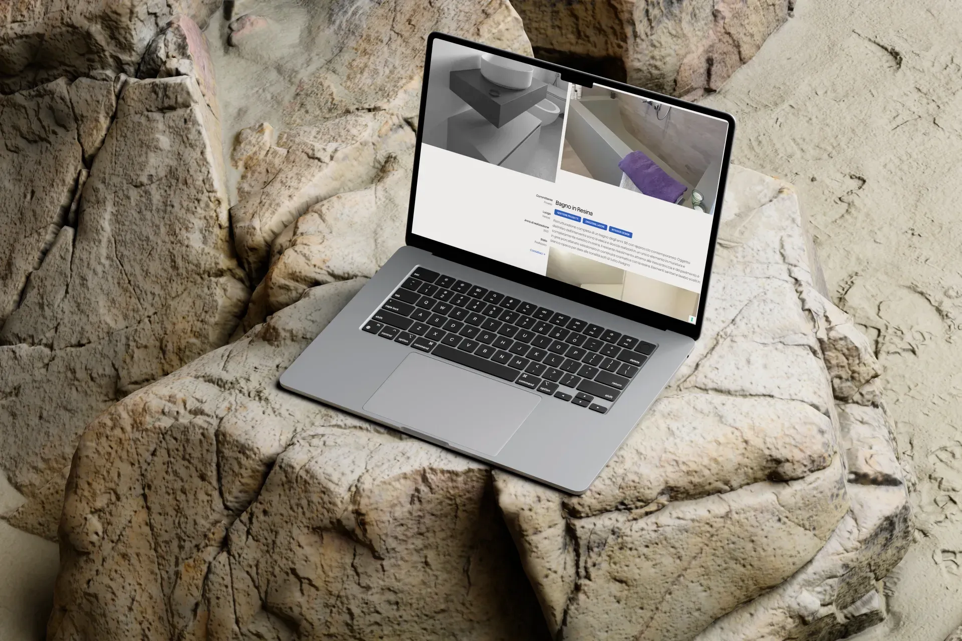 Dream Project Solution, mockup laptop su roccia con scheda dettaglio progetto e render 3D