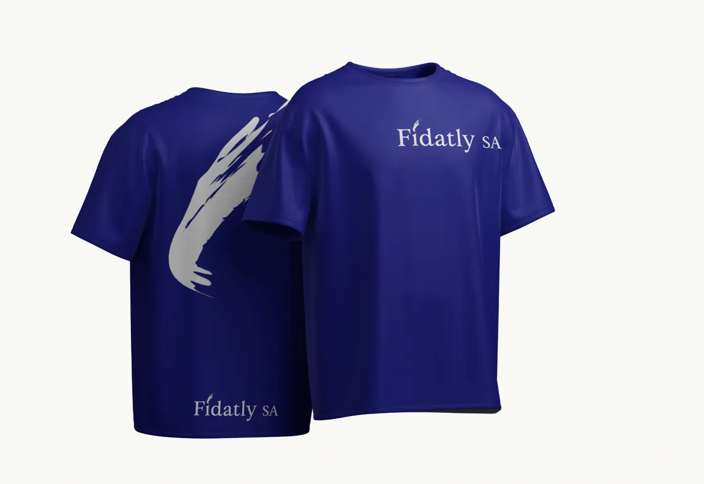 Fidatly SA, mockup t-shirt blu con logo e swoosh sul retro