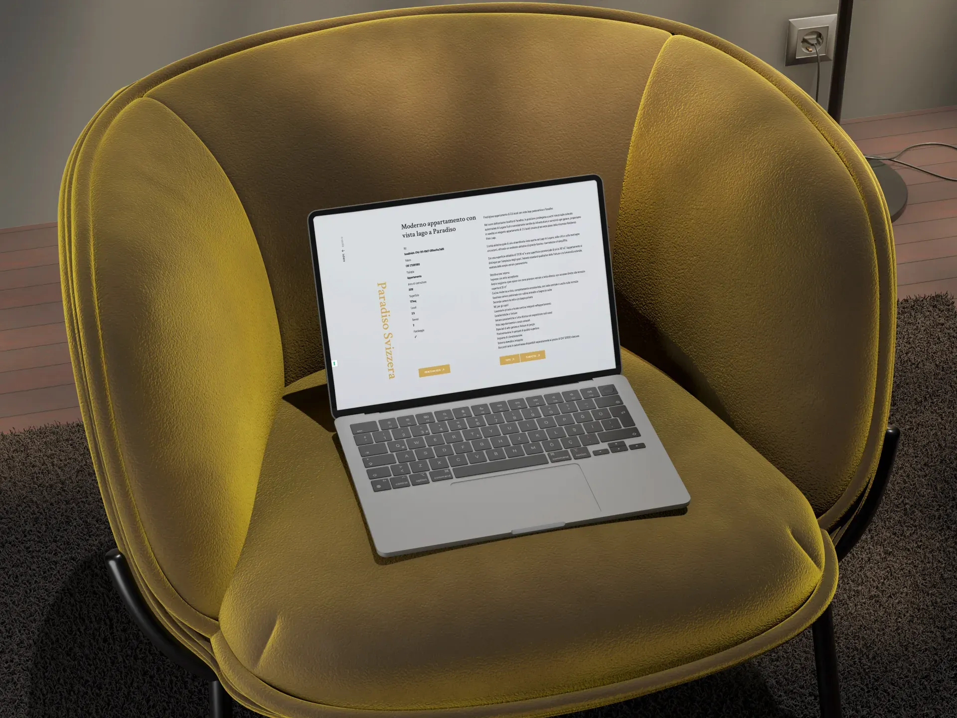 Sam & Partners SA, mockup laptop su poltrona gialla con sezione real estate e accento oro