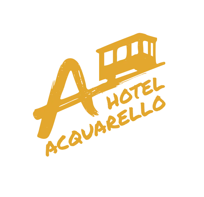 Hotel Acquarello, logo completo con lettera A ad acquerello e funicolare di Lugano in giallo ocra