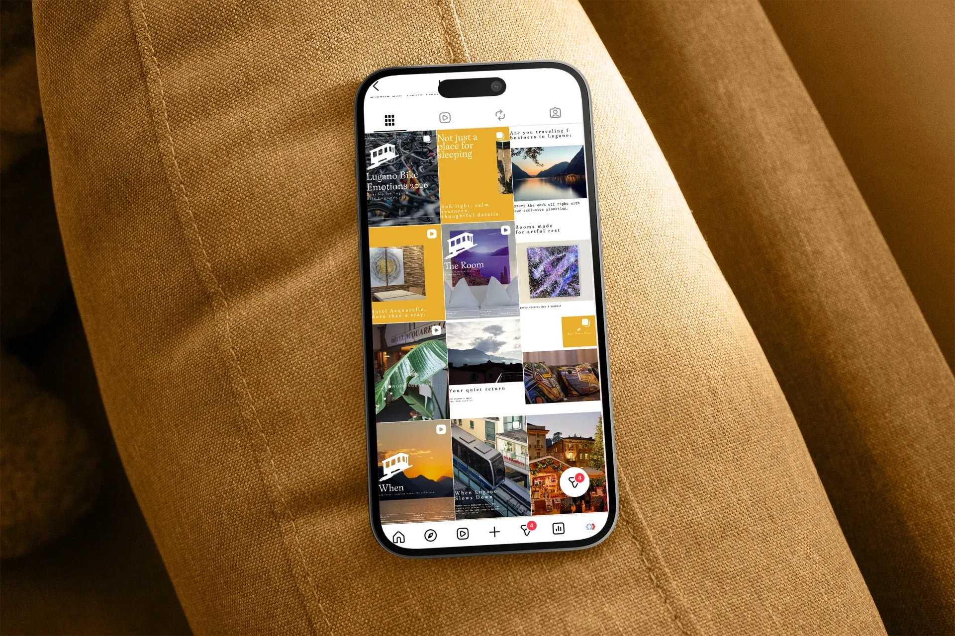 Hotel Acquarello, mockup iPhone su poltrona con griglia Instagram del profilo hotel, contenuti in palette giallo e blu