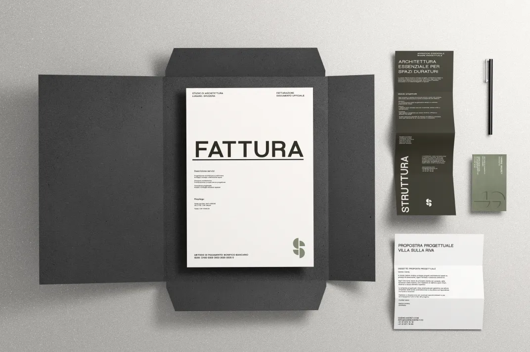 Studio Sabine Andrey, mockup stationery con carta intestata e fattura A4