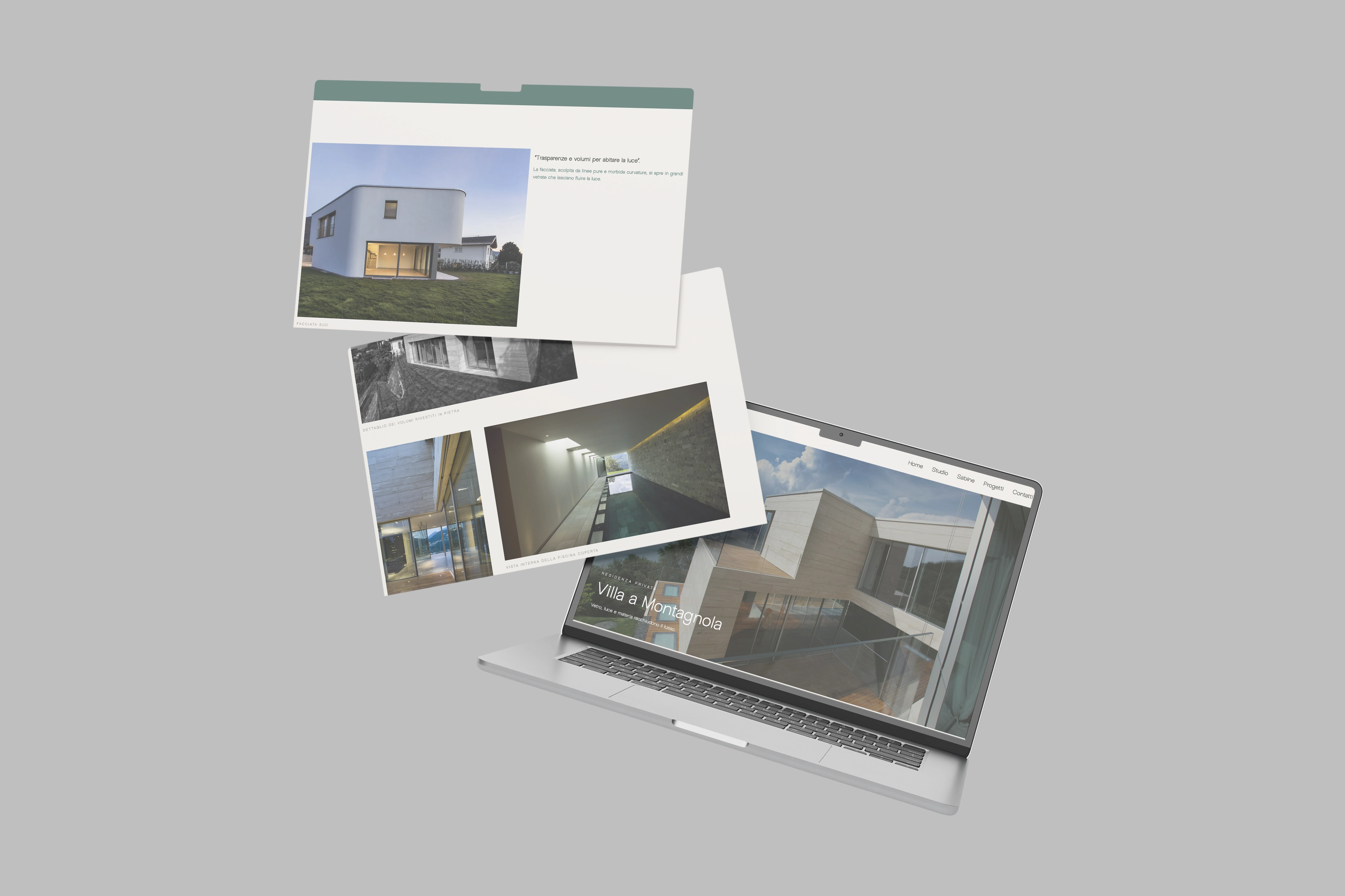Studio Sabine Andrey, mockup del sito sul laptop in contesto residenziale