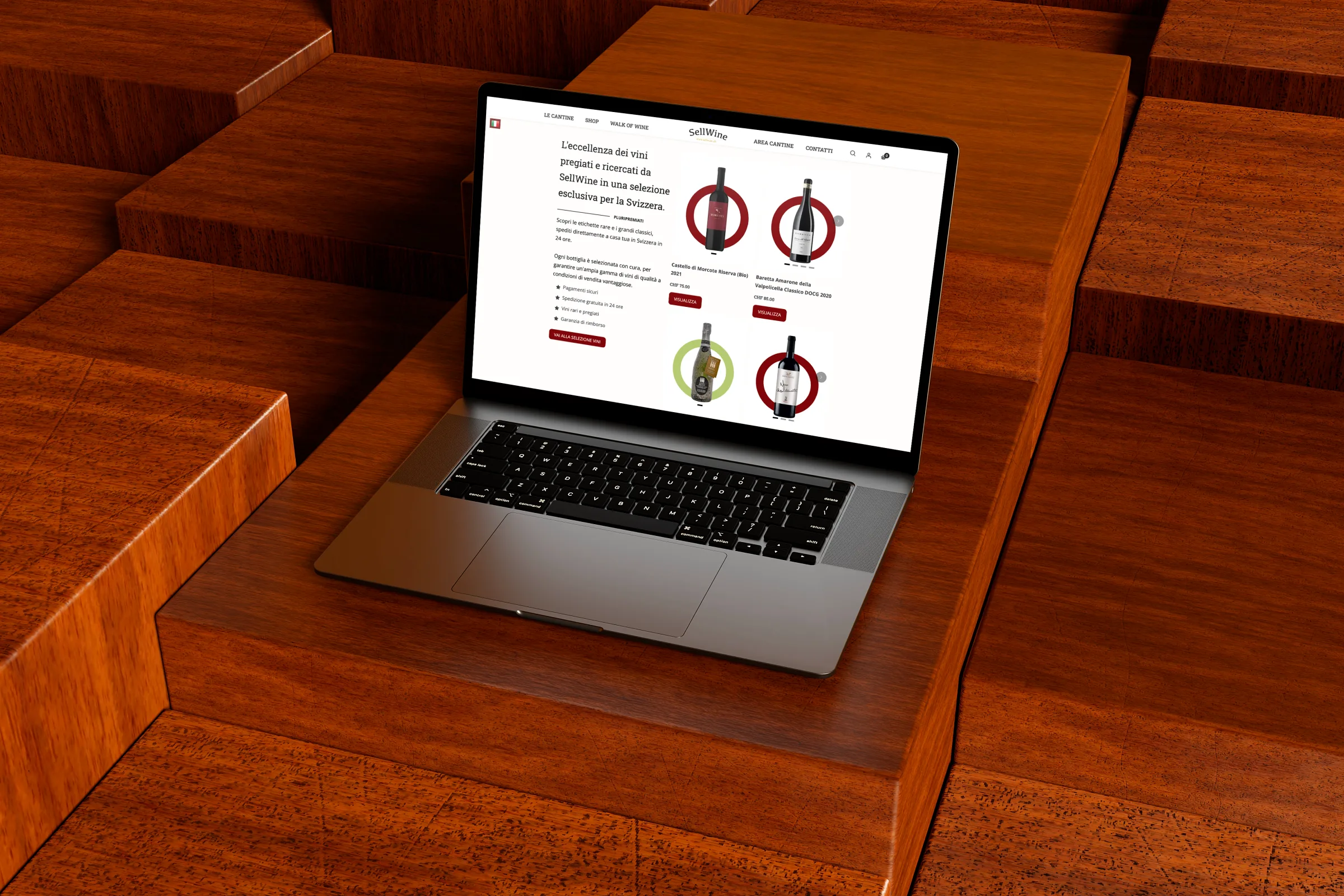 SellWine, mockup del nuovo ecommerce Shopify con homepage e collezioni cantine partner