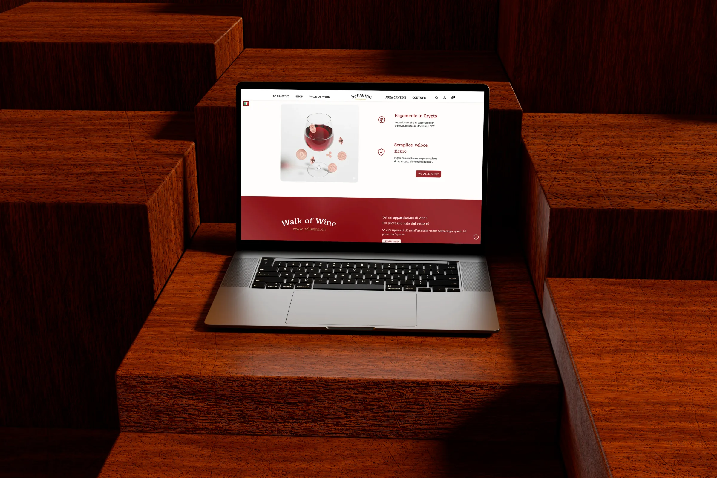 SellWine, mockup pagina interna con scheda vino e blog editoriale Walk of Wine multilingue