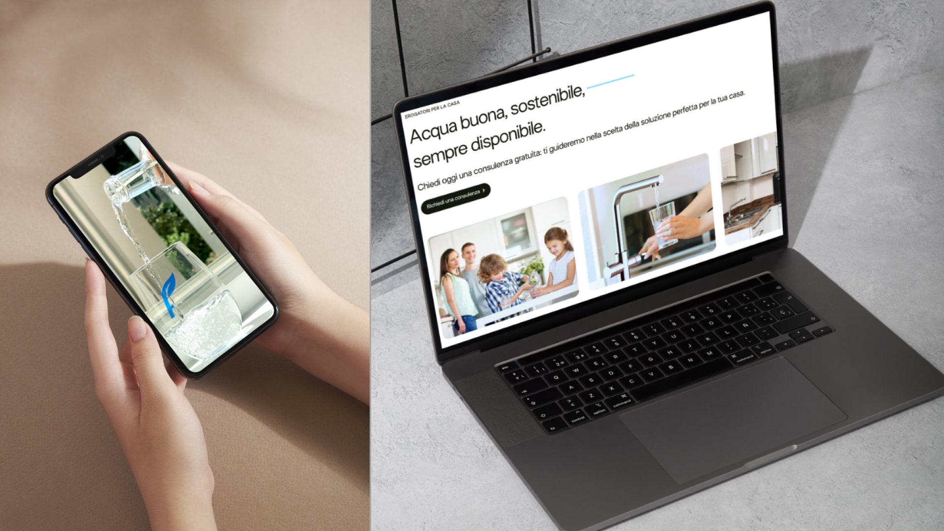 Fontechiara, homepage del sito con hero prodotto e navigazione categorie