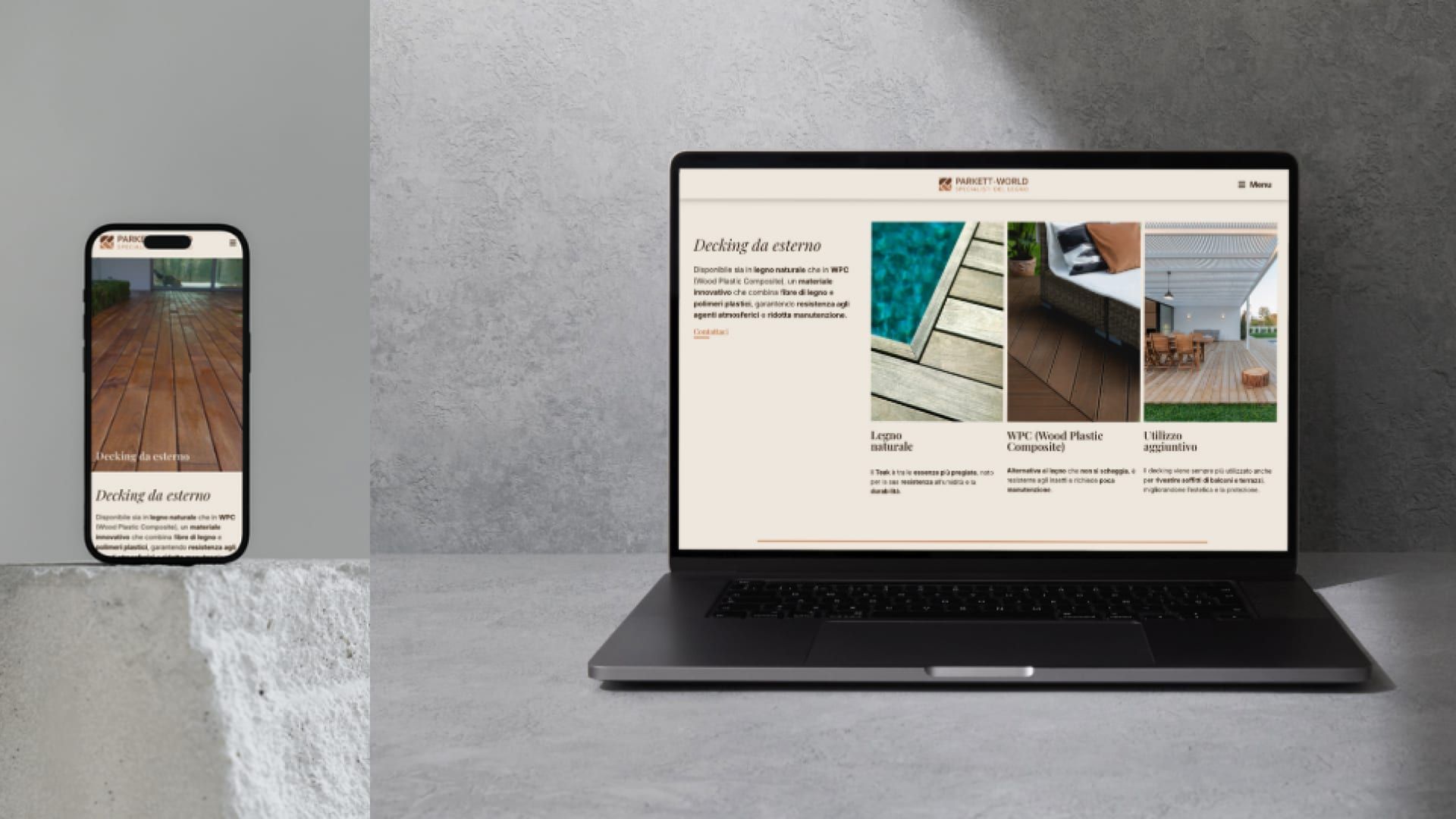 Parkett World, dettaglio UI mobile con navigazione prodotti